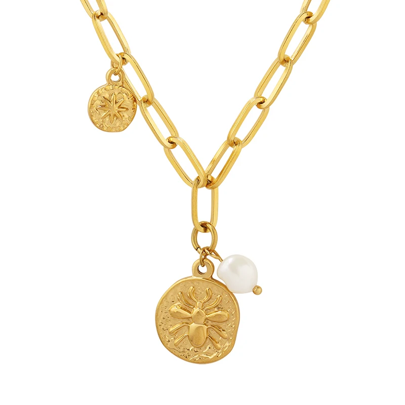 Antique Stainless Steel Relief Freshwater Pearl Insect Pendant Necklace Brand Gold Plated Trendy for Parties and Weddings