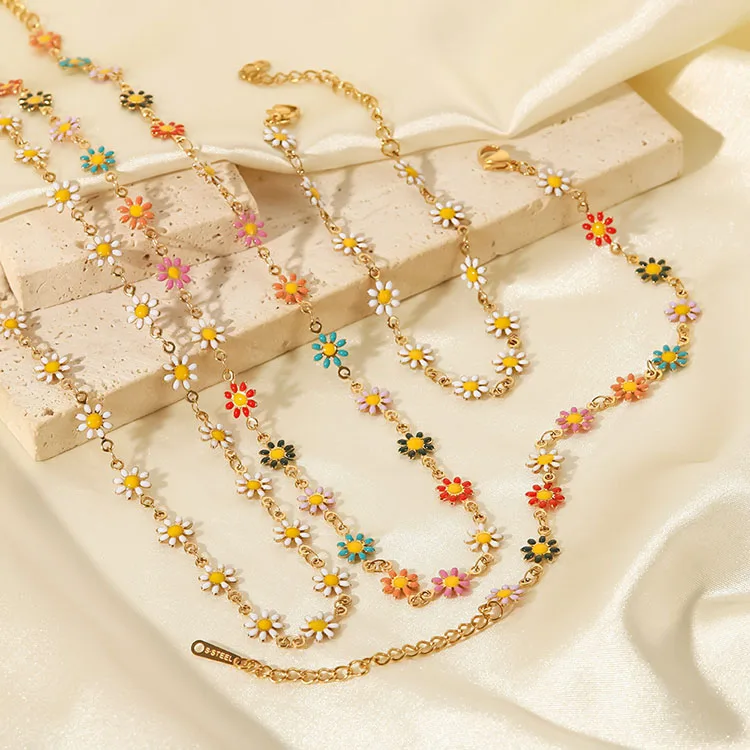 

G2688 Wholesale Collier Collares 18K Gold Plated Stainless Steel Colorful White Daisy Flower Chain Bracelet Necklace For Women