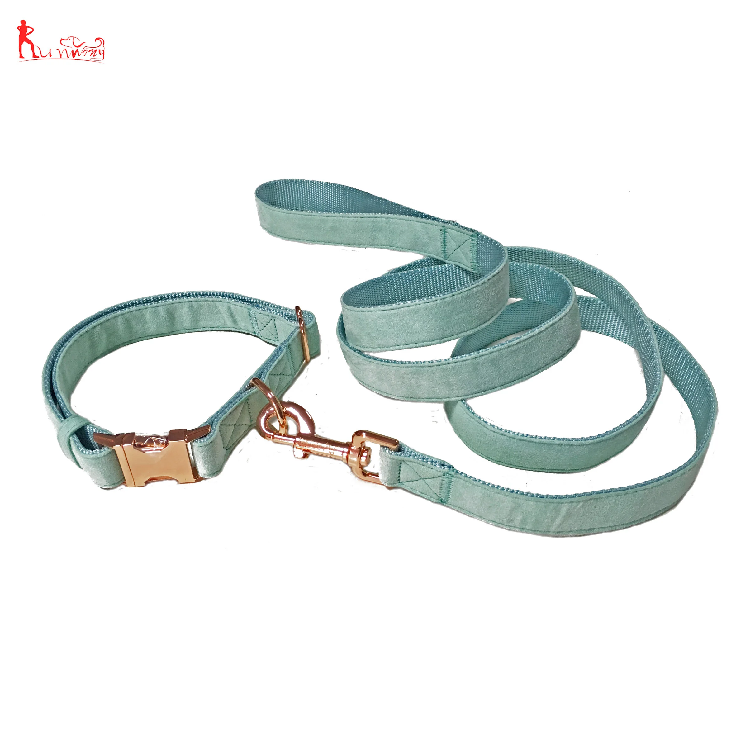 

Premium Soft Velvet Turquoise Pet Dog Collar and Leash Set,Adjustable Collars with Rose Gold Metal Buckle D-ring, Customized