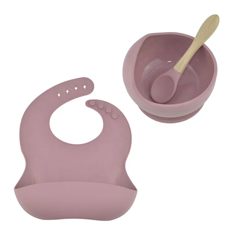 

baby feeding 3-piece set with silicone bib & spoon & silicone baby suction bowl kingda, Multiple colors