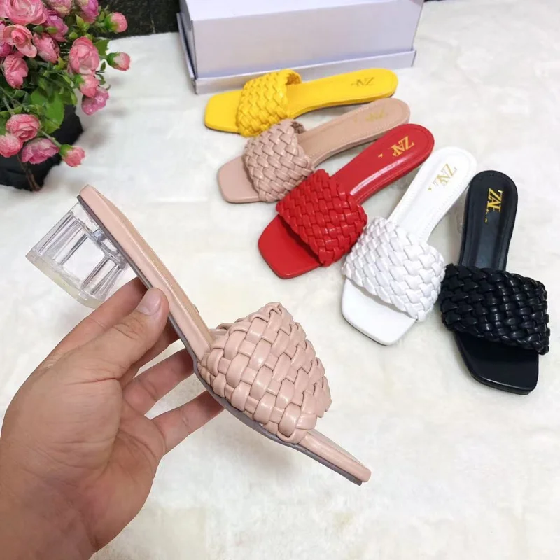 

Wholesale price woven strap crystal chunky heel women slipper sandals summer fashion lady mules square toe female slides