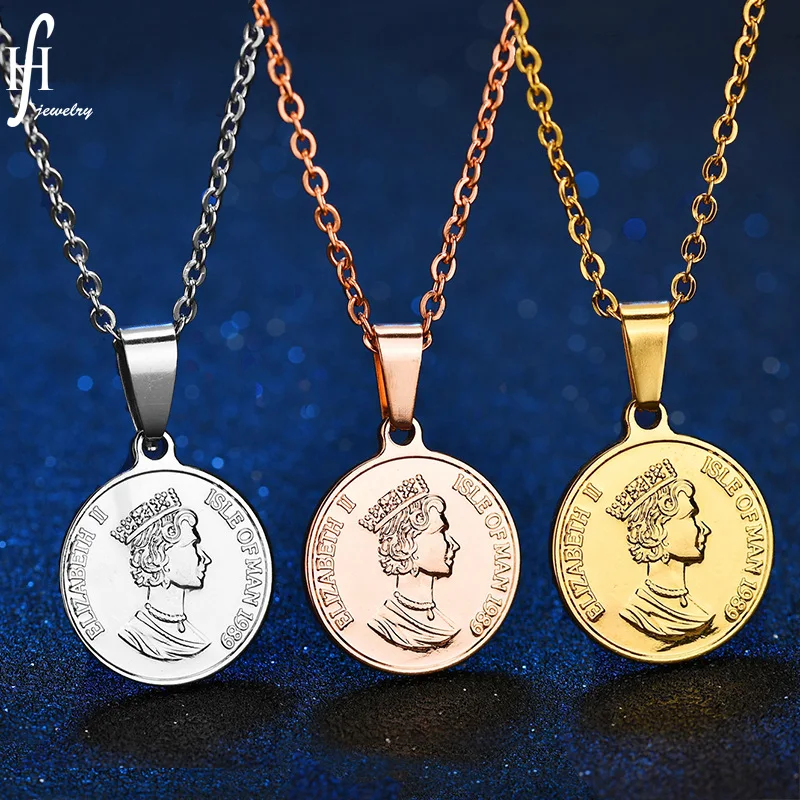 

2020 New Arrival 316 L Stainless Steel Elizabeth Head Portrait Coin Pendant Necklace Hip Hop Elizabeth Head Pendant Necklace