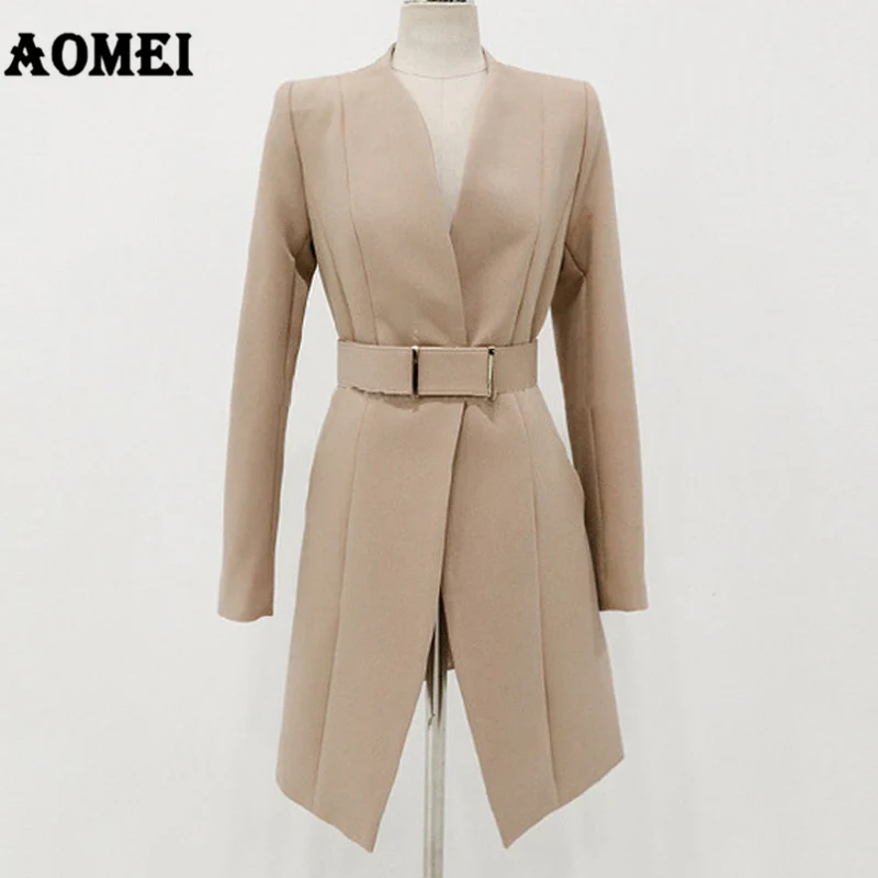 
Classy V-neck Long Top And Pants Slim Belt Lady Blazer Suit With Scarf 