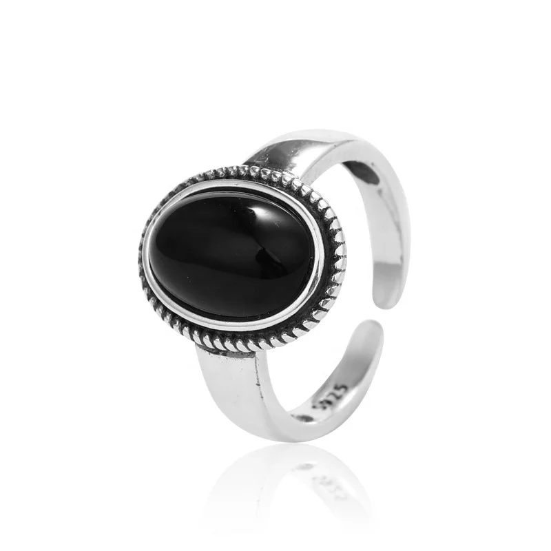 

Fashion Thai Jewelry 925 sterling silver adjustable black round agate ring