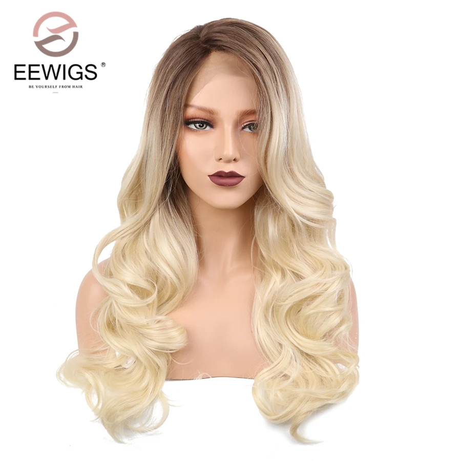 

Wholesale Blonde Ombre Brown Roots Long Wave Hair Heat Resistant Synthetic Lace Wig Halloween Cosplay Front Lace Wig for Women