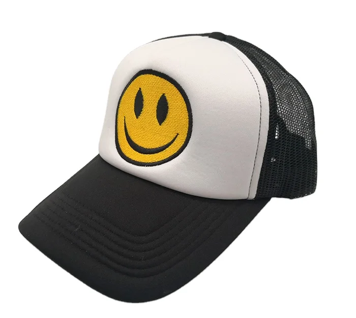 

Free Shipping Wholesale Gorras-Al-Por-Mayor Embroidery Patch Hat With Logo Mesh Two Tone 5 Panel Smile Face Baseball Trucker Cap