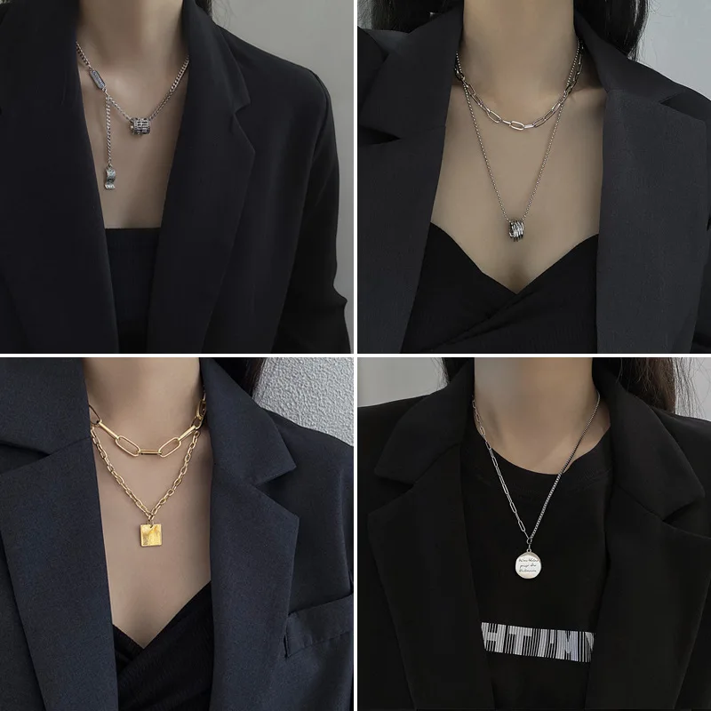 

2020 winter new design metal fashion simple minimalism style double rings circle chian link choker women necklace