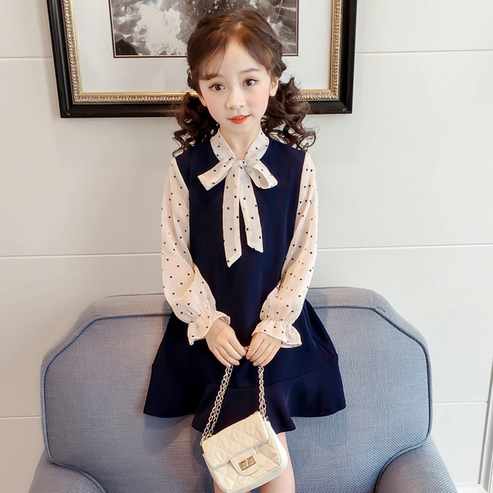 

Girls polka dot chiffon shirt stitching dress autumn long-sleeved princess dress girl skirt, Blue