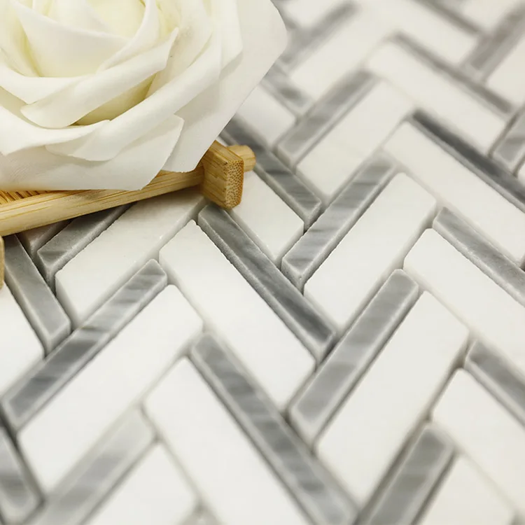 High quality Elegance Thassos White + italian Grays Herringbone Mixed Marble Mosaic
