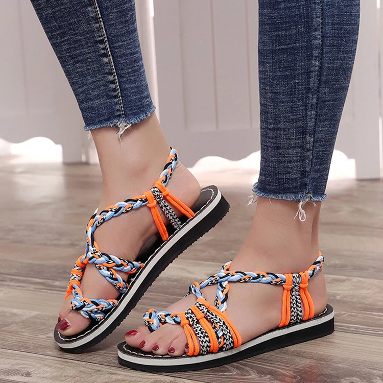 

Woven rope women's sandals Europe summer new flat bottom toe beach large size ladies sandals, As shown