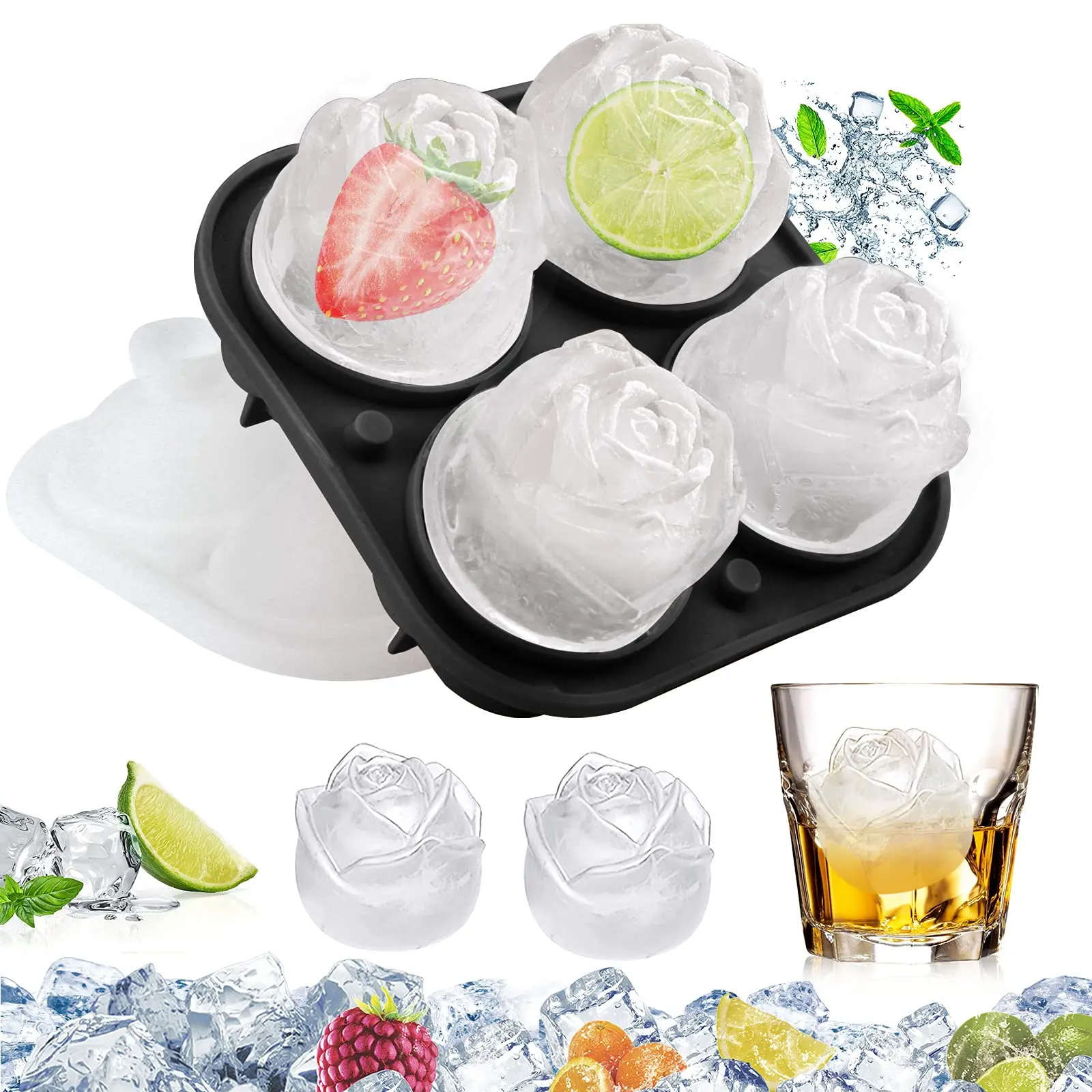 

DUMO Rose Ice Mold Whisky Silicone Ice Box Manufacturing Machine with Lid 3D Rose Ice Cube Trays for Whiskey Cocktails Juice