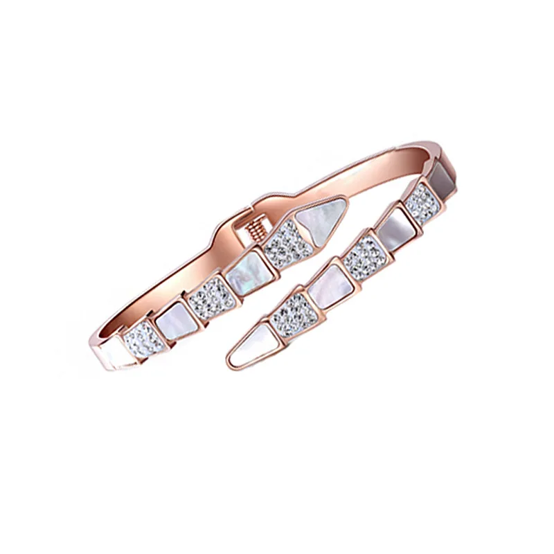 

18K gold Fashion Trend White Shell Snake Shaped Sticky Diamond Stainless Steel Jewelry Bracelet Female Rose Gold Bracelet, Gold/rose gold