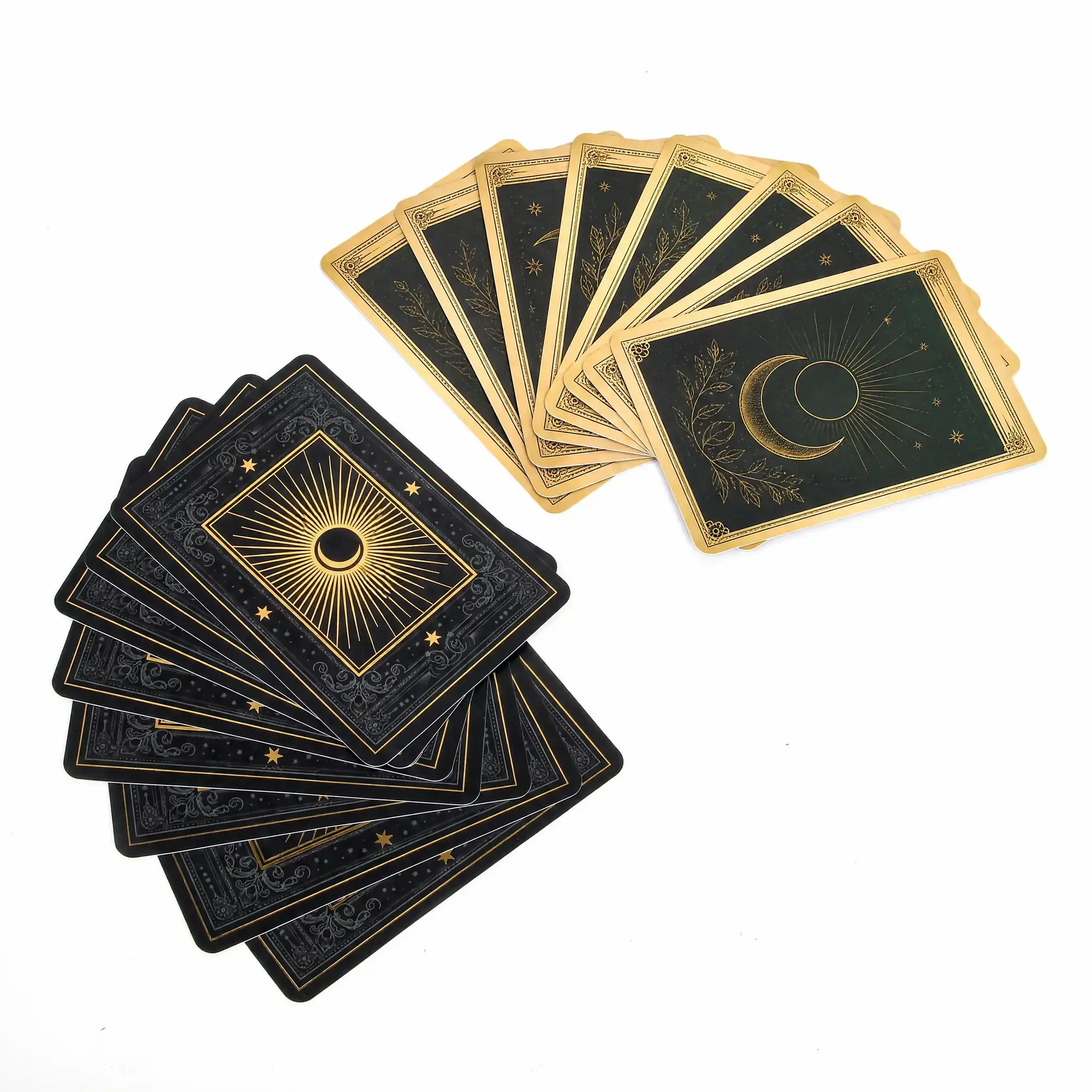 Gold gilded edges and gold framed card faces on a fanned custom tarot deck