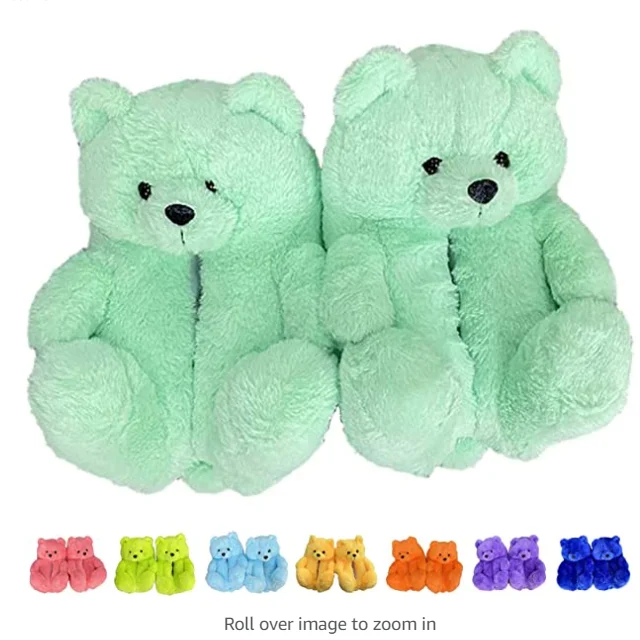 

2022 Bell Selling Winter Warm Teddy Bear furry slippers for ladies Plush Slides green teddy bear slippers adult