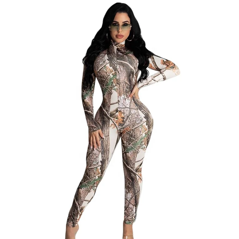 

High Neck Long Sleeve Casual Tropical Leaf Print Bodycon Jumpsuits Women 2020 New