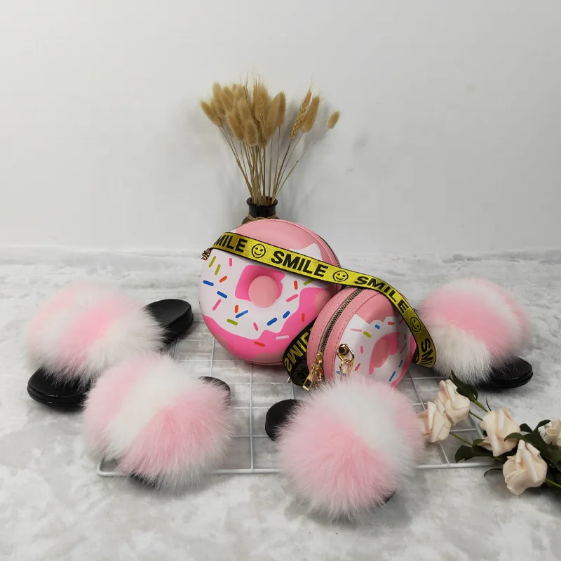 

QXTX20 Sweet Doughnut Purse And Fox Fur Slides Mom and me Fashion Fur Slides Set