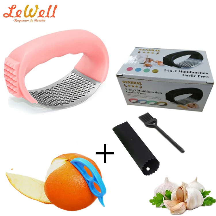 

Multifunctional Kitchen Accessory Orange Peeler Plastic 3 in 1 Pink Stainless Steel Ring Shape Garlic Press