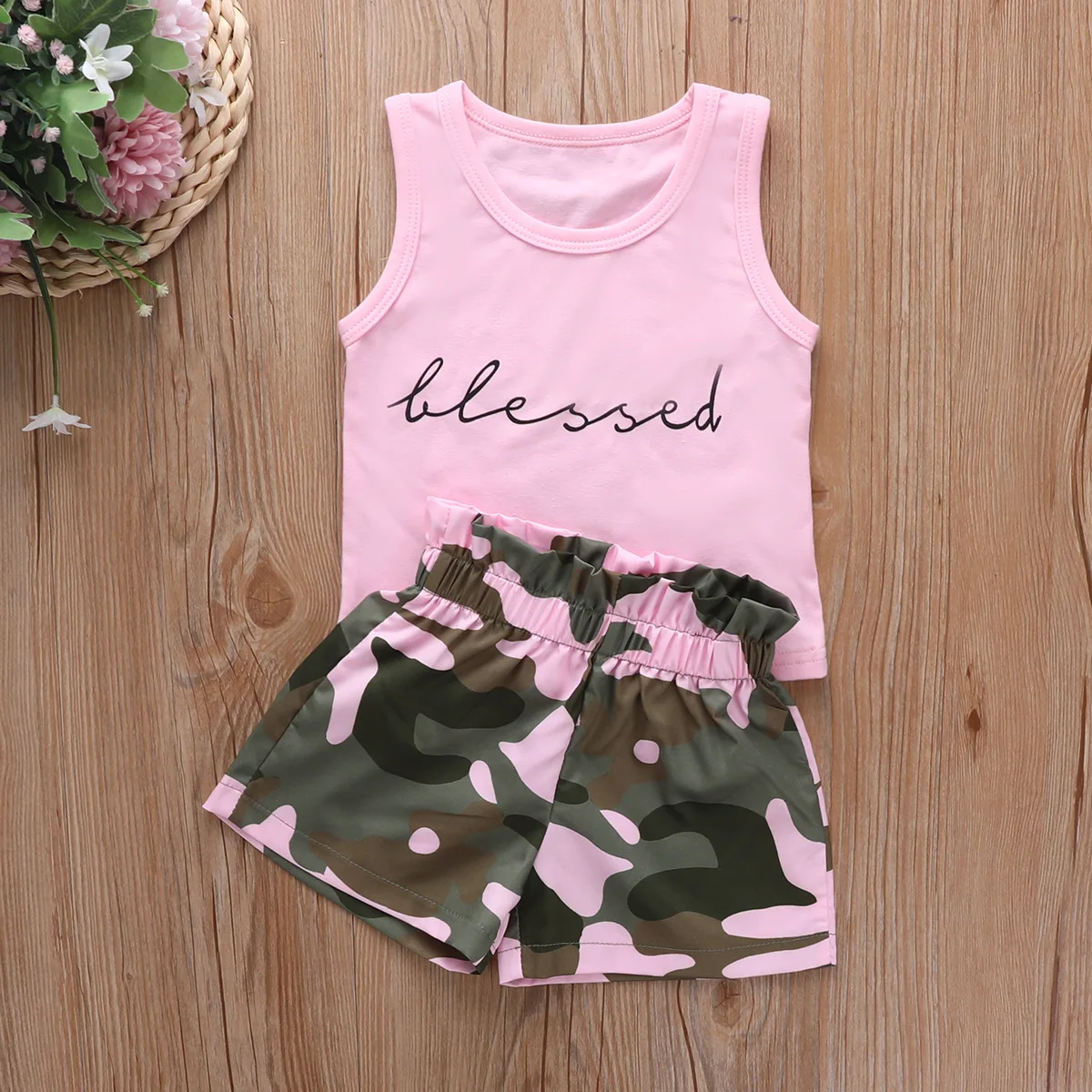 

2021 summer kids 1-6 years pink blessed print tank top with camo shorts girls clothing sets