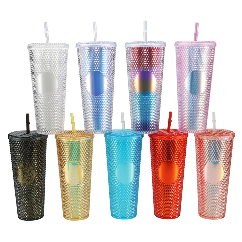 

17oz 24oz Wholesale custom logo colored insulated plastic matte studded tumbler with Straw, More than 10 colors