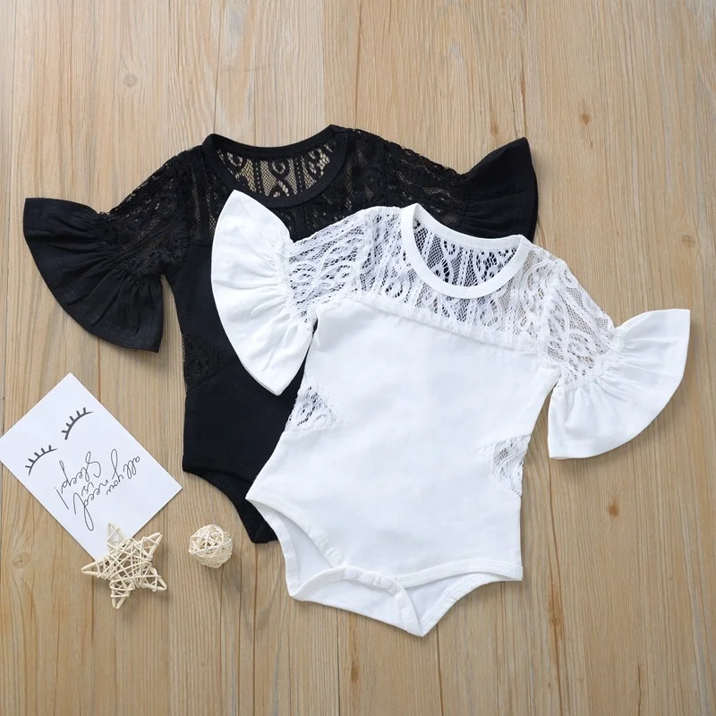 

B24479A Baby romper lace sleeve lace baby romper, White, black