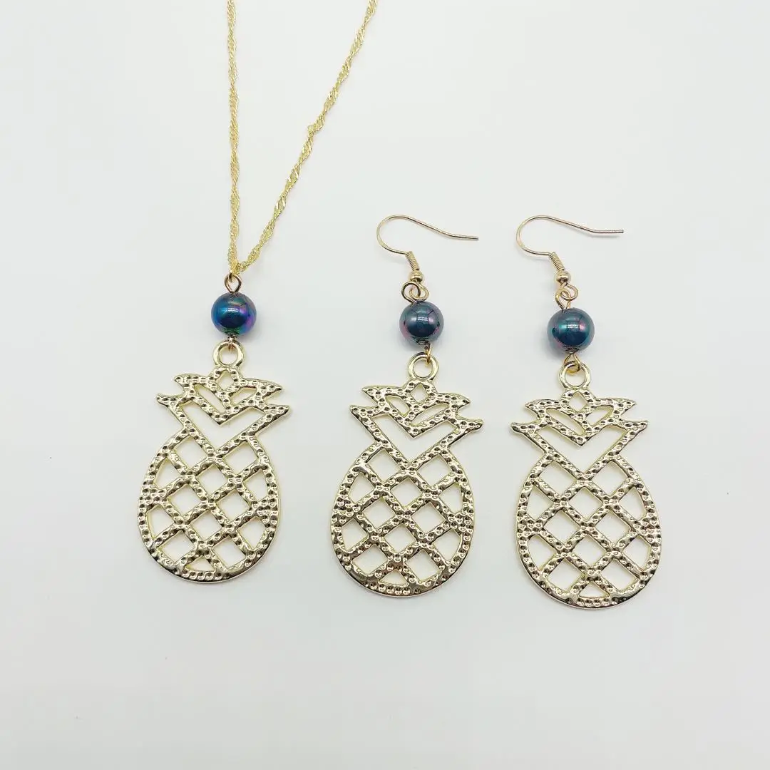 

Hawaiian Jewelry Set Pineapple Necklace Earring Set 14k Real Gold Filled Shell Pearl Polynesian Guam Marshall Jewelry