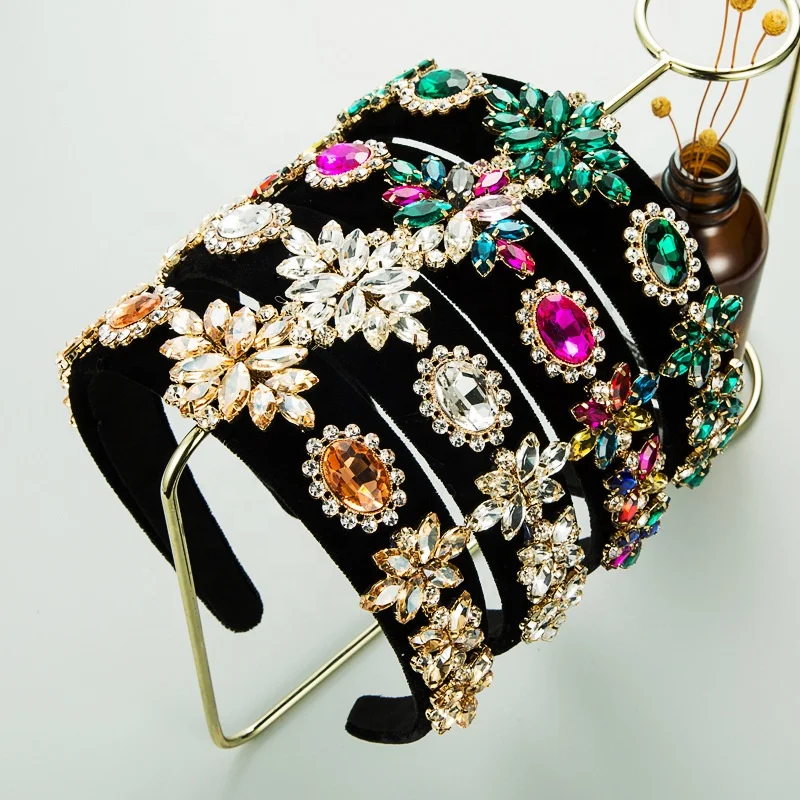 

Classic Baroque Crystal Flower Headband Women's Shiny Rhinestone Velvet Hair Band Women's Party Hair Accessories, Picture shows