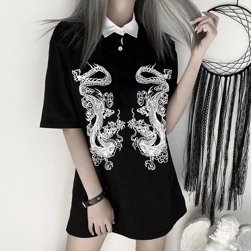 

wholesale gothic women clothing short sleeve turn down collar dragon print t shirt women ladies oversized tshirt women