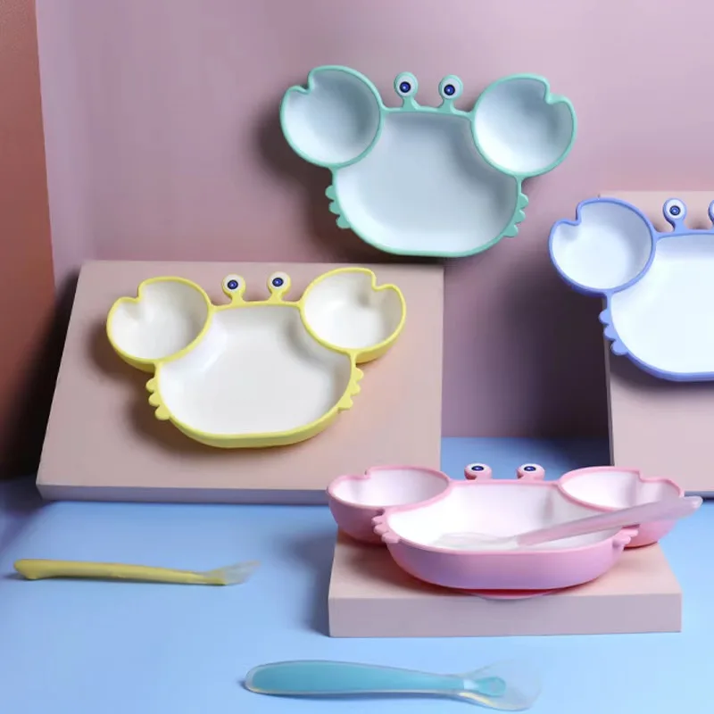 

Baby Dish Baby Bowls Plates and Spoons Set Crab Kawaii Dishes Food Silicone Feeding Bowl Non-Slip Babies Tableware Kids Stuff