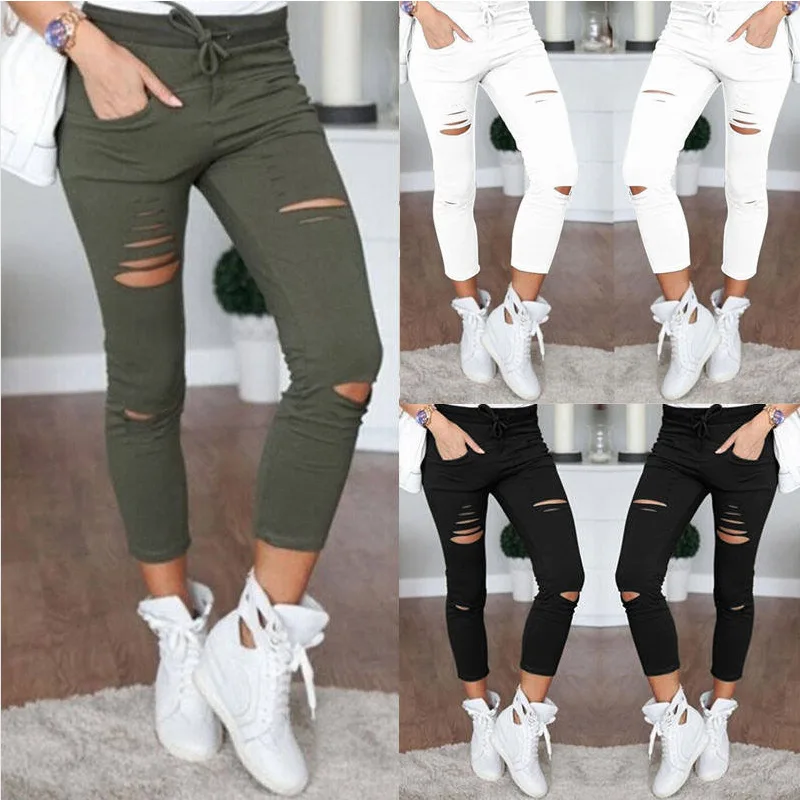 

Female Hole Slim Stretch Drawstring Trousers Women Ripped Leggings Pants Plus Size Nine Pencil Pants