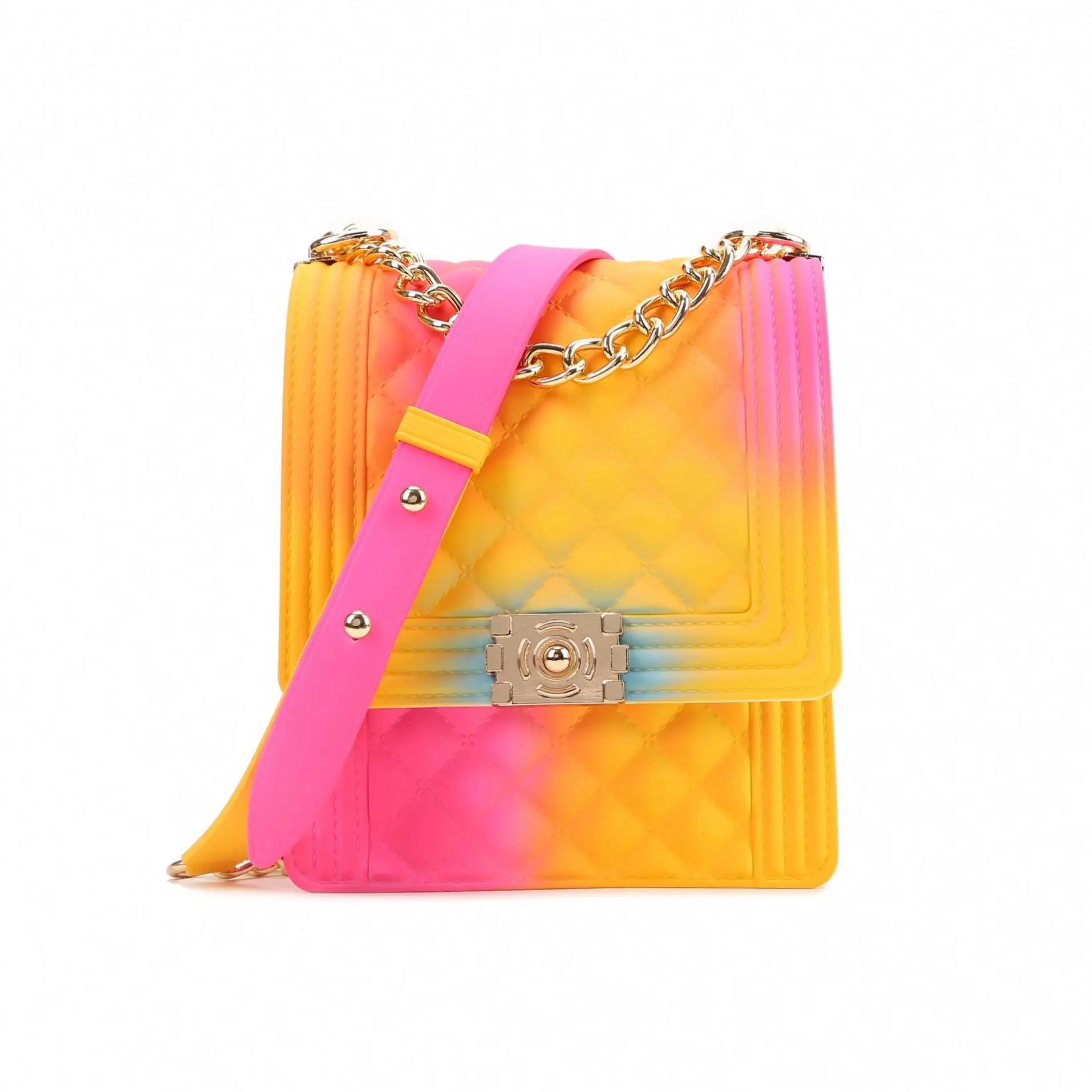 

2021 New Women's Hot selling jelly shoulder colorful PVC jelly purse rainbow tote matte shoulder handbag, Multicolor