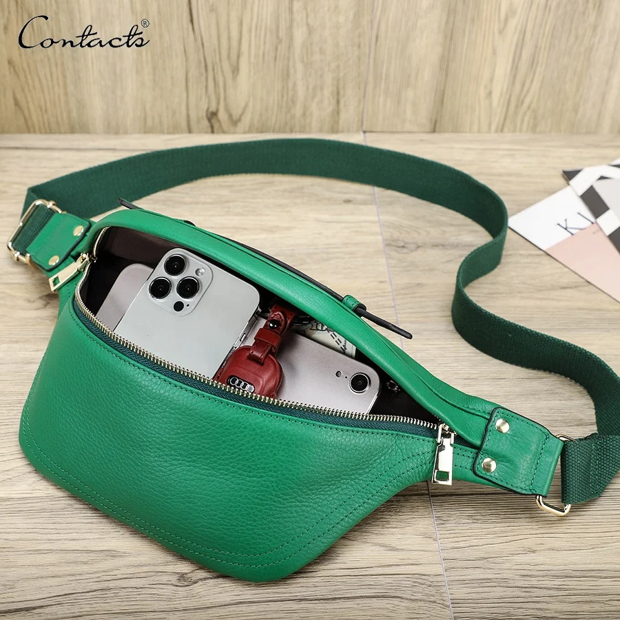 

CONTACT'S Multifunction Hiking Running Waist Pack Green Casual Traveling Carrying Pouch Genuine Leather Hip Bum Bag Fanny Pack, Emerald green or customized color