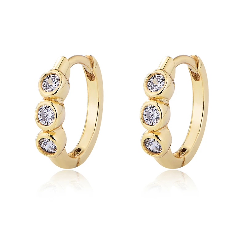 Trendy 925 Sterling Silver Gold Plated 14k Earring Three Stones huggies 925 Silver Hoop Earring for Woman
