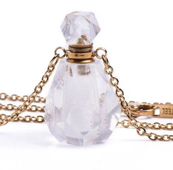 

Wholesale natural jade crystal series perfume bottle aromatherapy bottle necklace collarbone necklace pendant with chain, Gold