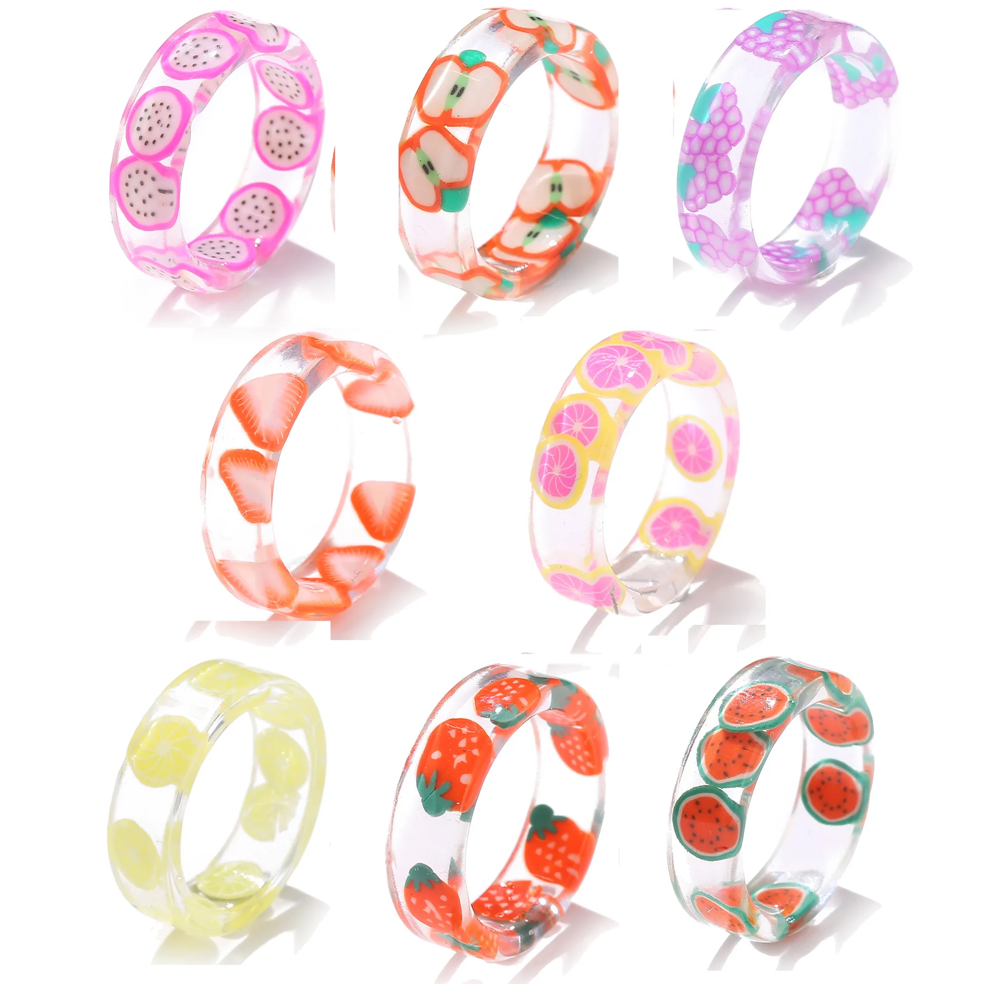 

2021 Summer Cute Fruit Pattern Resin Rings Strawberry Apple Acrylic Plastic Rings for Girls Jewelry