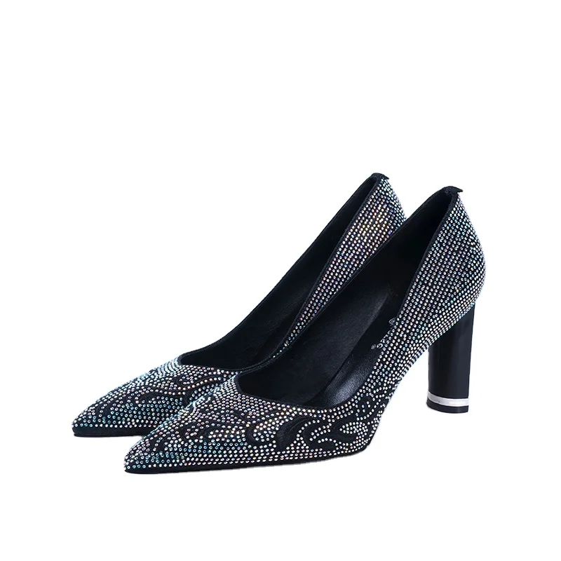 

Full Diamond Decoration Comfortable Thick Heel Women Dress Shoes, Black/apricot/customized