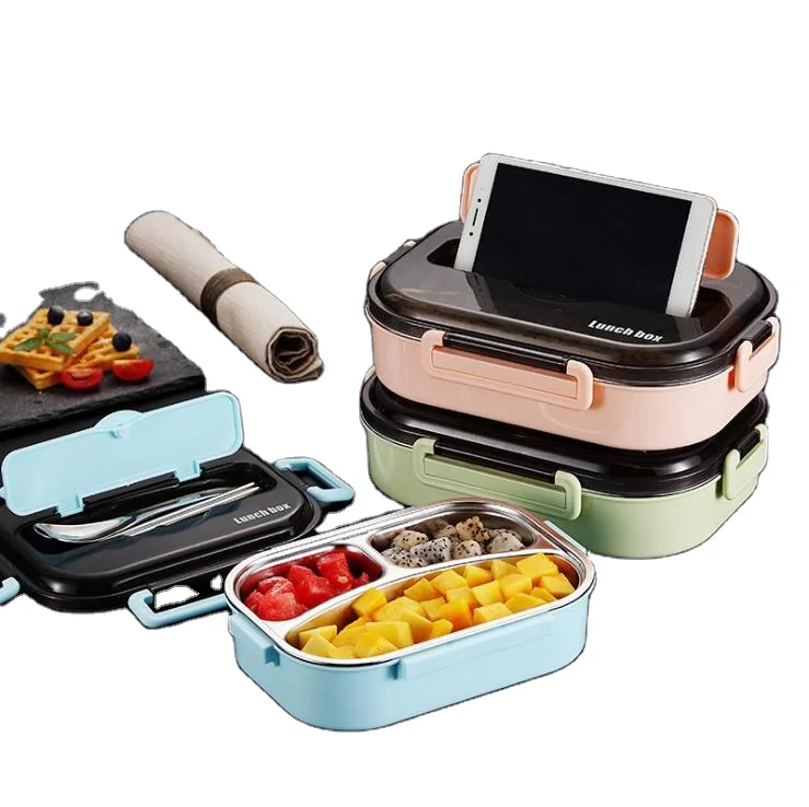 

Hot Selling stainless steel box leak proof 2/3/4 compartment lunch box, Pink, blue, green