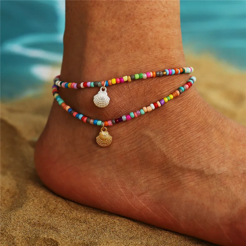 

Fashion personalized colorful beads ethnic anklet woven shell geometric anklets wholesale