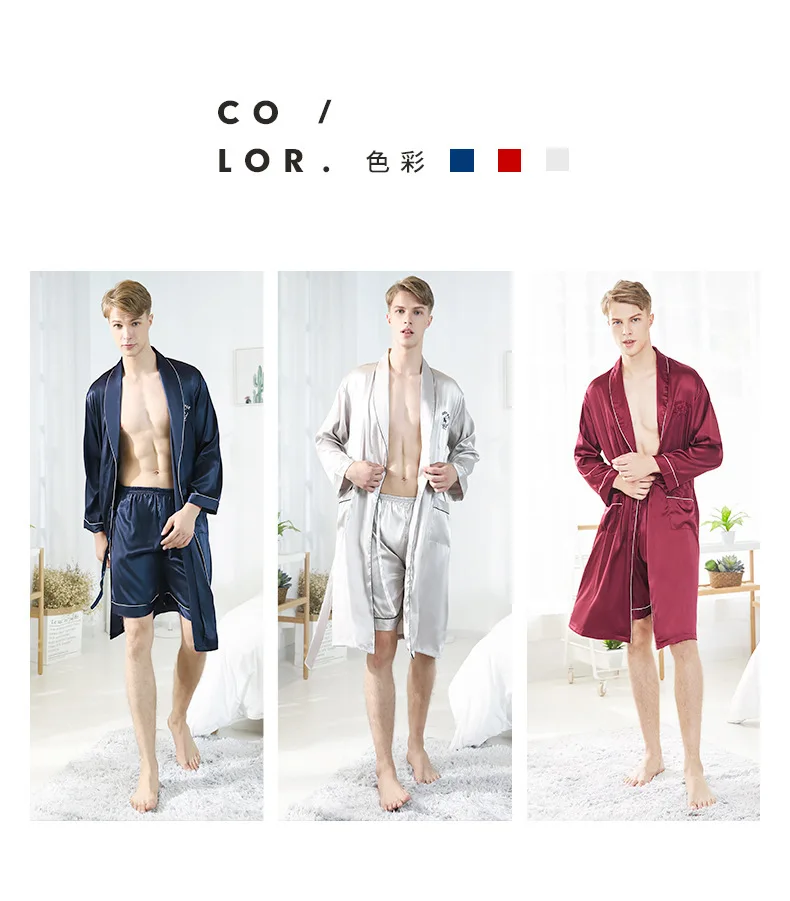 

New Arrival Silk Man Pajama Two Pieces Bathrobe And Shorts Nightwear Satin Men Robe Bathrobe For Men, As picture or customized make