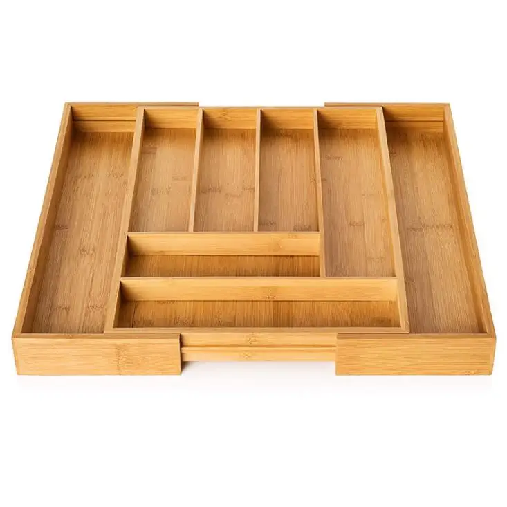 

eco friendly 8 compartments adjustable cutlery tray organizer bamboo kitchen storage box drawer, Natural bamboo color