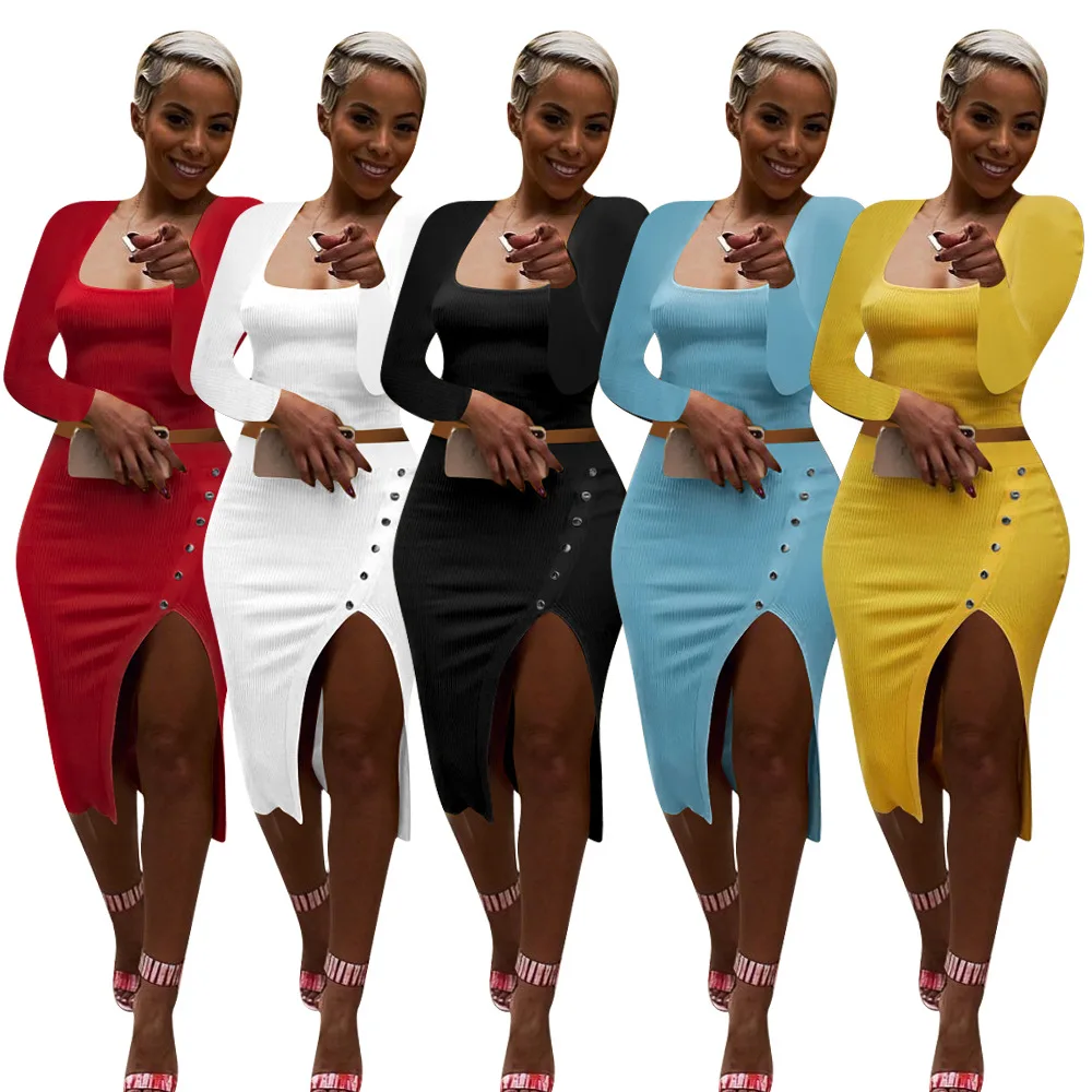

New solid square collar slit midi skirt sets 2021 fall women clothing sexy long sleeve crop top skirts set two piece suit, Picture