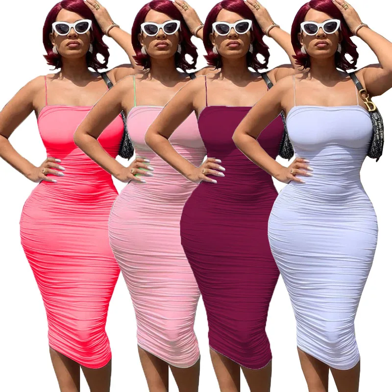 

Double Layers Seamless Design Factory Wholesale Low Price OEM Women Ruched Summer Casual Party Bodycon Sexy Club Long Maxi Dress