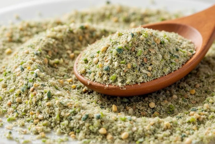 Close-up of rubbed sage showing its fluffy texture compared to ground sage in a wooden spoon