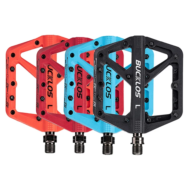 

BUCKLOS Mountain bike pedal 9/16 with 16 anti-slip pins-universal Trave lightweight aluminum platform pedal, Black/red//blue /orange