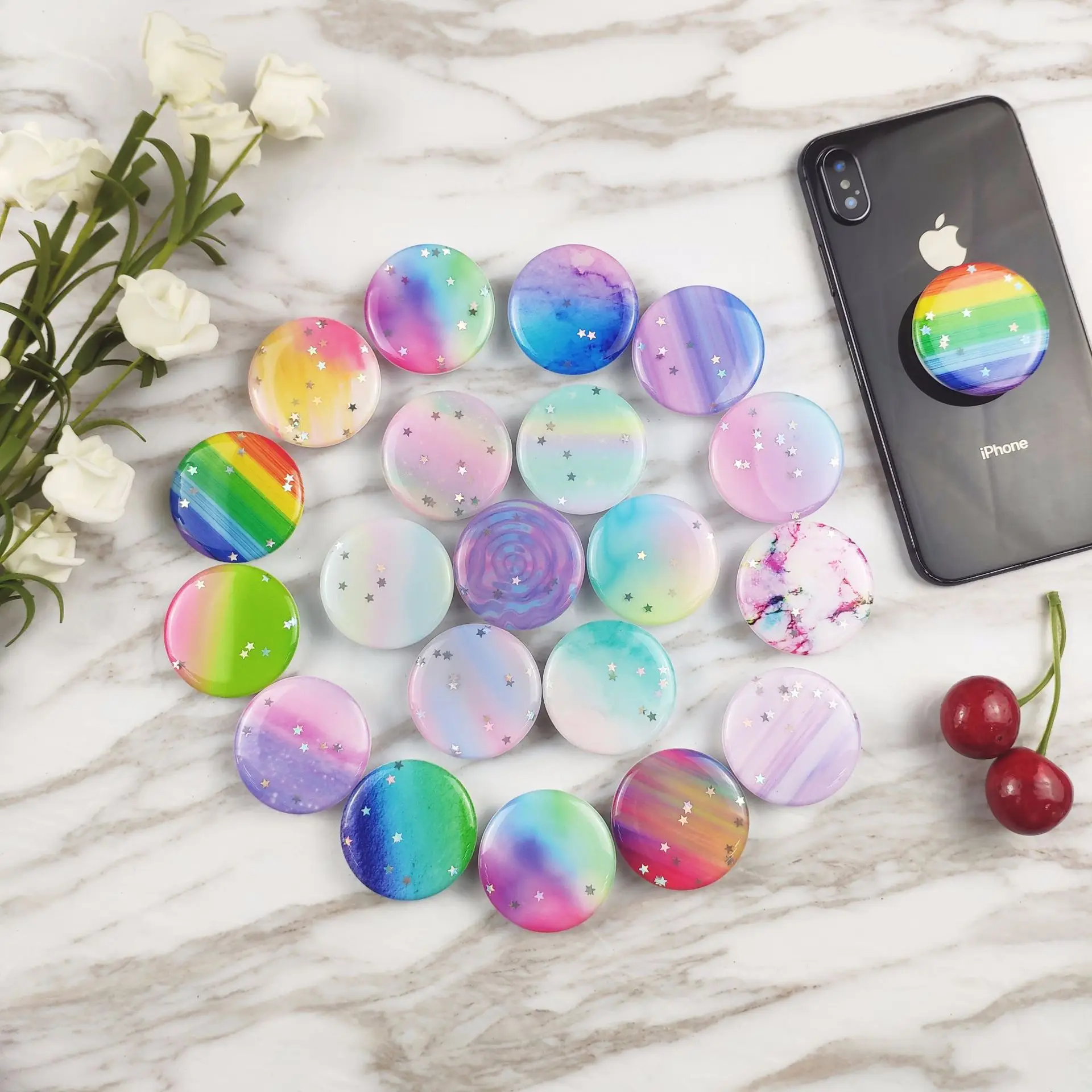 

Round Cell Phone Bag Holder Colorful Gradient Folding Bracket Star Drip