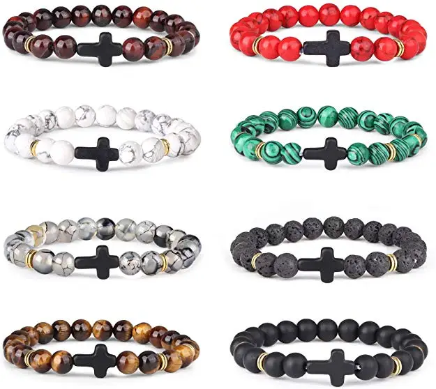 

Beads Bracelet for Men Women Lava Rock Tiger Eye Stone Howlite Natural Stone Stretch Elastic Cross Bracelet