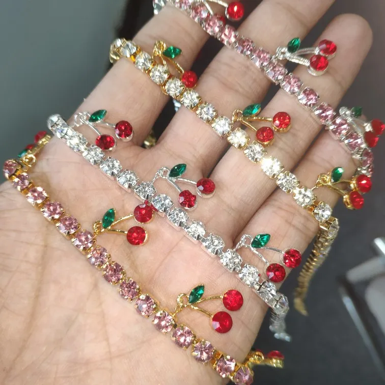 

Women Fashion Full Rhinestone Tennis Chain Choker Necklace Red Crystal Cherry Necklace, Gold