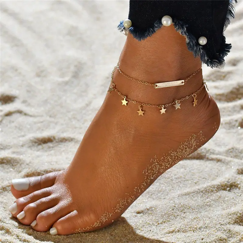 

High Quality Summer Jewelry Gold Plated Metal Pentagram Barefoot Chain Shining Multi Layers Star Anklets Bracelet For Lady