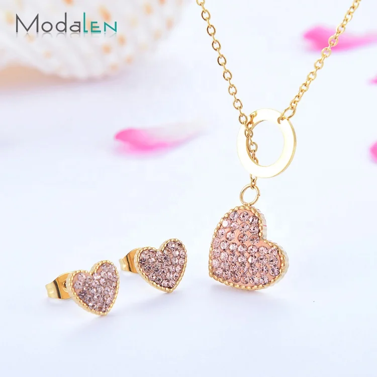 

Modalen Simple Cheap Rhinestone Heart Necklace Stainless Gold Jewelry Set, Gold/sliver