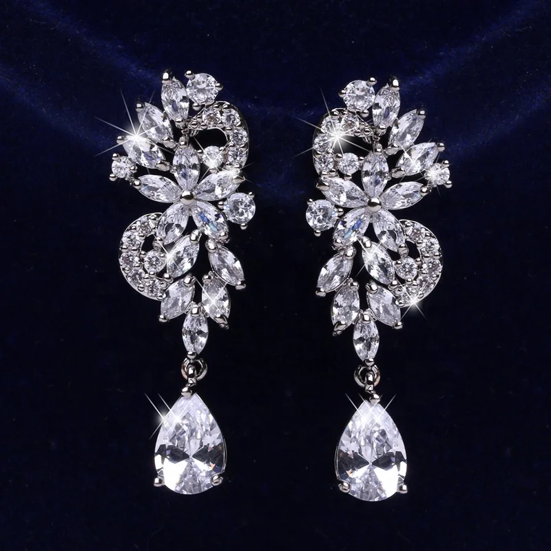 

Luxury Jewelry Long Tassel Flower Teardrop Bridal Earrings Studs Round Cubic Zirconia Bezel Setting