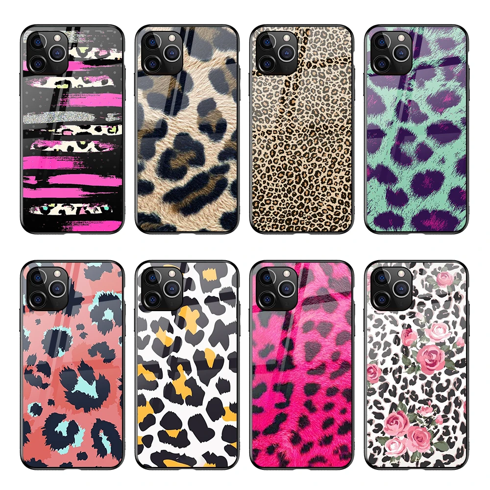 

Luxury Women Leopard Print Cell Phone Case for iPhone 11 Pro Max Hard Glass Glossy Mobile Cover for Samsung S21, Black